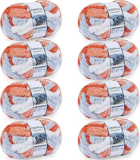 Chunky Yarn for Hand Knitting - #10 Chunky Chenille Blanket Yarn, Jumbo Big Thick Chunky Yarns for Crocheting, Tie Dye Bulky Knit Yarns, 8 Skein (25 yds 8 oz Each Skein), Multi Orange&Grey