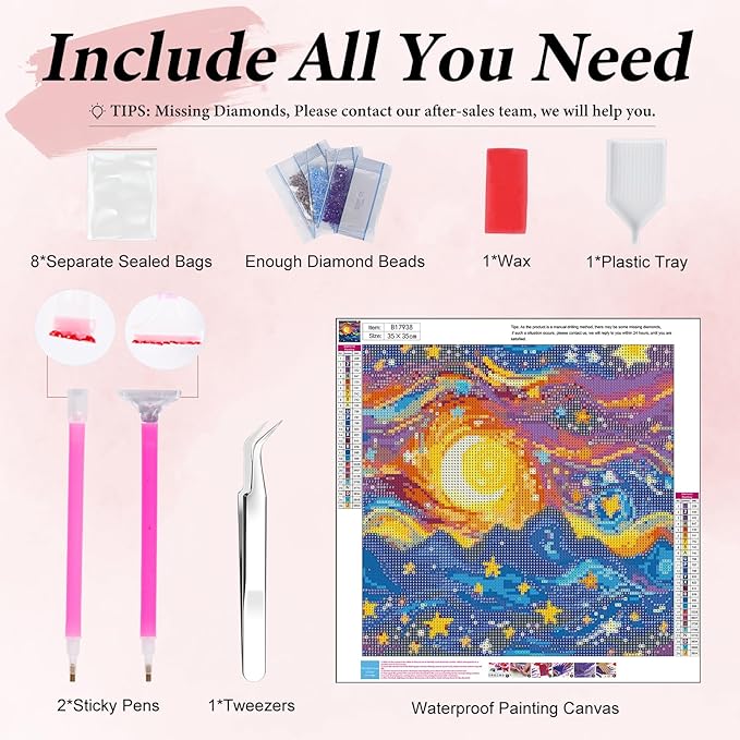 Yezavesu Starry Night Diamond Art Kits for Adults, Starry Sky Diamond Painting Kit for Beginners, 5D DIY Round Full Drill Painting with Gem Art Craft Kits for Home Wall Decor 14x14 Inch