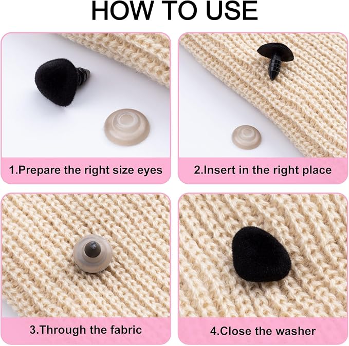 CustomyLife 32pcs Safety Noses for Amigurumi, 11/15/17/18mm Plastic Doll Noses for Crochet, Flocking Teddy Bear Noses Stuffed with Washers for Craft Puppet Plush Toy Accessories- Black