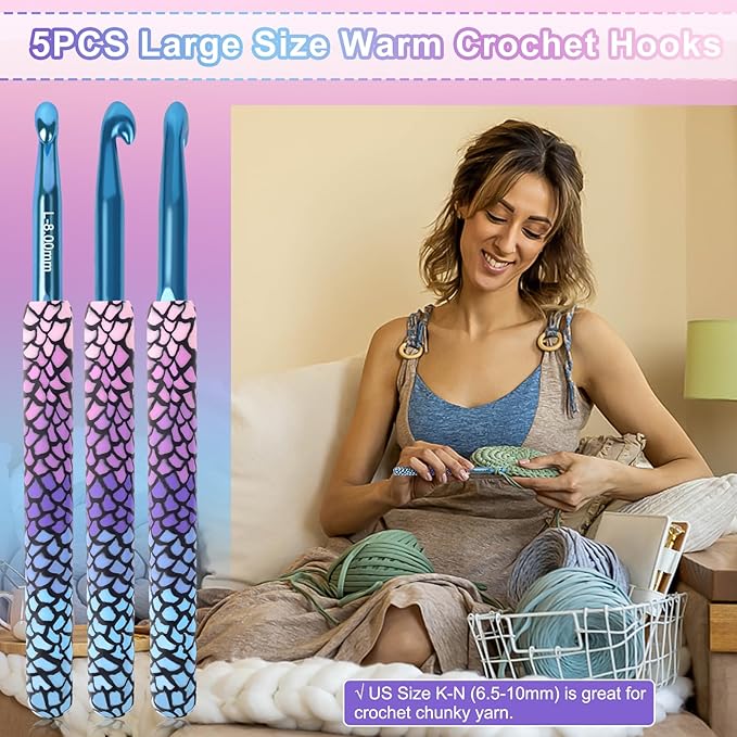 Coopay Large Crochet Hooks 10mm 9mm 8mm 7mm 6.5mm Crochet Hook Set for Crocheting, Mermaid Crochet Needles for Arthritic, Warm Crochet Hooks for Chunky Yarn, Pretty Knitting & Crochet Supplies