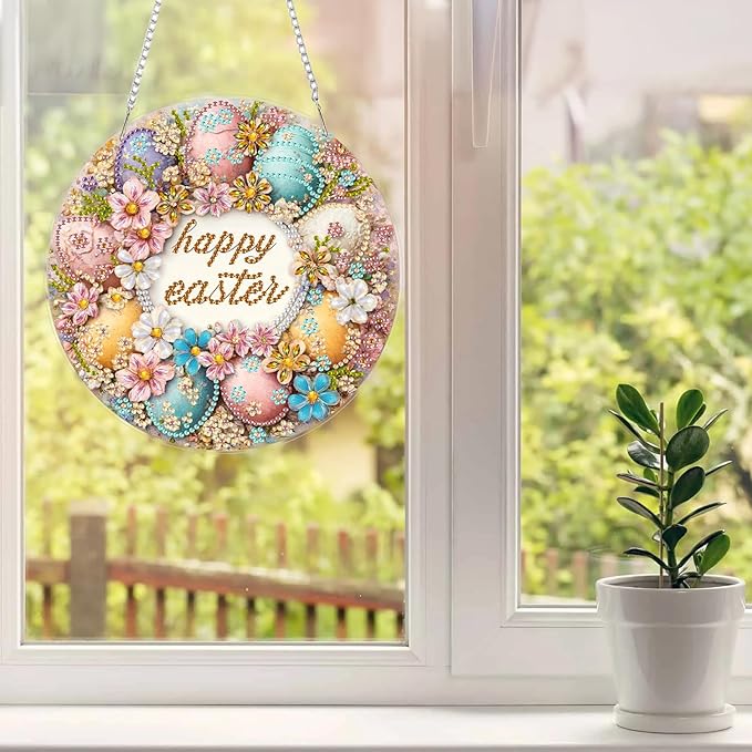 MAXBYE Easter Hanging Diamond Art Kits for Adults Colorful Eggs with Flowers, Special Crystal Double Sided Pendant DIY Diamond Art Painting Kits for Beginners Gift Wall Home Decoration 8×12Inch