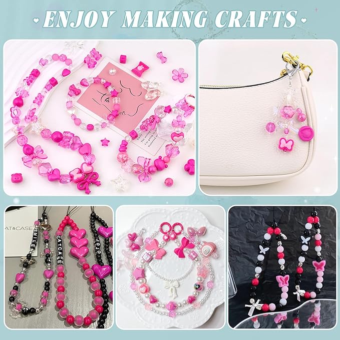 200-260pcs tinkrstuff assorted rose pink acrylic beads for bracelet making, cute beads for jewelry making flower bow butterfly gummybear aesthetic bracelet charms,diy necklace keychain phone charm