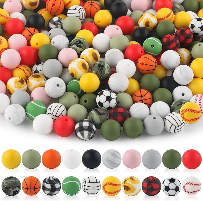 Sunrony 100pcs Sports Silicone Beads 15mm, Basketball Football Volleyball Tennis Ball Baseball Prints Silicone Beads for Keychain Making, Necklace Bracelet Making(Sports)
