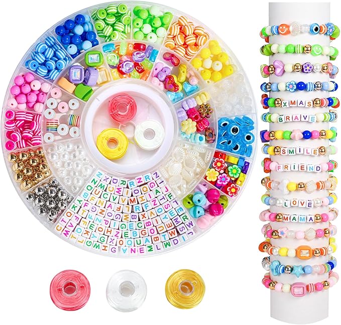 MYCUTEY 594Pcs DIY Bracelet Making Kit with Colorful Letter Flower Heart Beads - Friendship Bracelet Kit for Women Kids Pony Beads for Jewelry Making Christmas Bead Bracelets Making Craft Gift