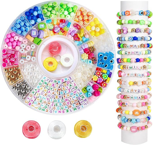 MYCUTEY 594Pcs DIY Bracelet Making Kit with Colorful Letter Flower Heart Beads - Friendship Bracelet Kit for Women Kids Pony Beads for Jewelry Making Christmas Bead Bracelets Making Craft Gift