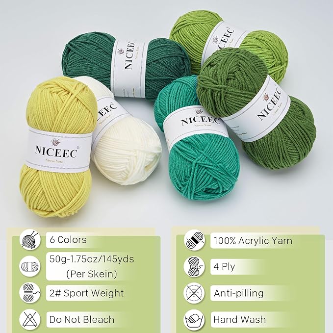NICEEC 300g Soft Assorted Colors Yarn - Sport Weight,100% Acrylic, 4 Ply, Bonbons Yarn for Crochet & Knit, DIY Project Starter Kit for Kids or Adults(Total 870yds) - Willow