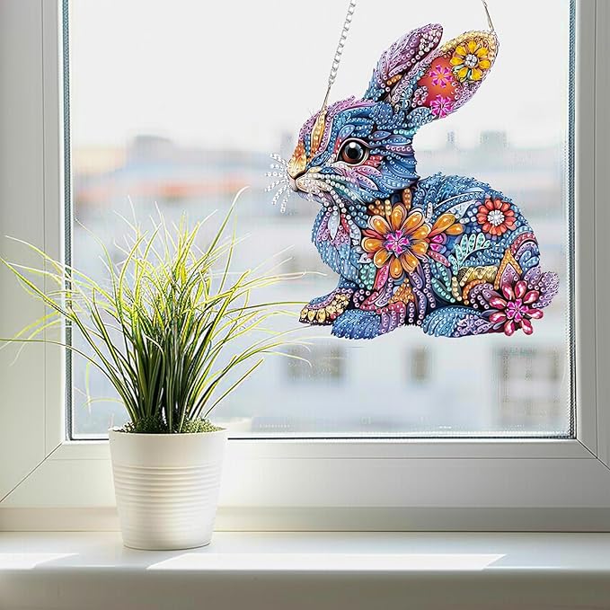 SENQAO Rabbit Diamond Art Hanging Kit for Adult, Special Shaped Rhinestone, DIY Acrylic 5D Diamond Art Painting Window Pendants Home Garden Wall Hanging Kits Hanging Ornament（Easter Rabbit）
