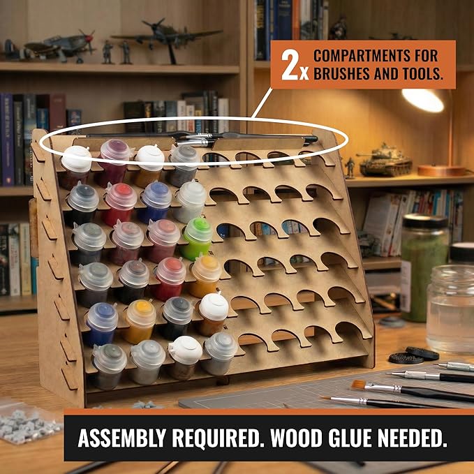 Wall Paint Rack Organizer for Miniatures & Modeling, Vertical Paint Stand with 33mm Pot Holes + Top Brush/Tool Holder, Compatible with Citadel (33mm)
