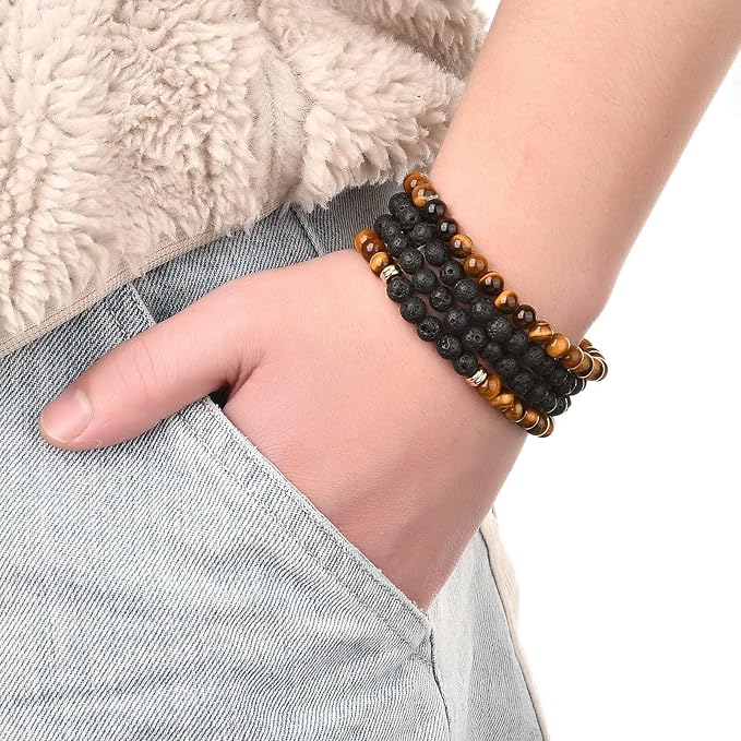 FASHEWELRY Mala Yoga Men Bracelet Making Kit - 220pcs Natural Gemstone Lava Rock Tiger Eye Beads Healing Crystal Chakra Stone Beads with Black Nylon String for Essential Oil Diffuser Jewelry Making