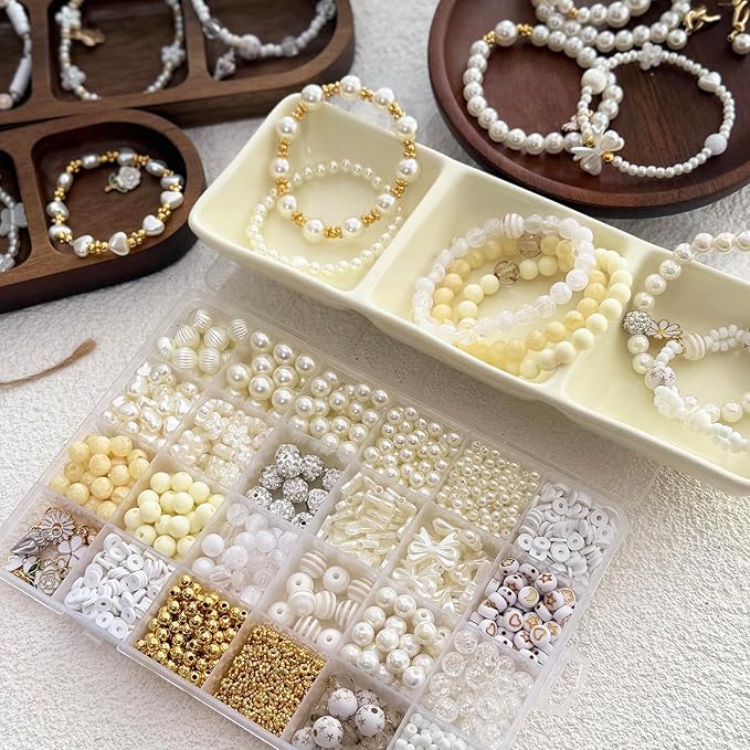 1900PCS Pearl Beads for Bracelets, Beige Acrylic Round Beads for Jewelry Making Gold Spacer Bead Pumpkin Heart Flower Bow Buterfly Bead Flower Charms for DIY Crafts