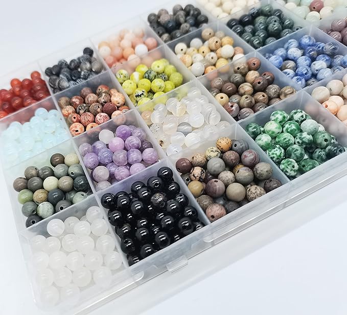 Yephac 1200pcs 6mm Natural Round Stone Beads - Gemstone Loose Beads Hole Size 1mm for Bracelet Necklace Earrings Jewelry Making, Box Packed (24 Material-2, 6mm)