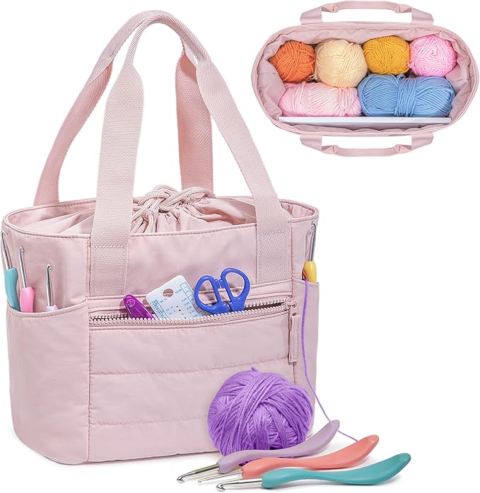 Teamoy Small Knitting Bag Tote, Puffer Yarn Storage Bag, Drawstring Crochet Bag Organizer for Yarn Skeins and Crocheting Supplies, Pink