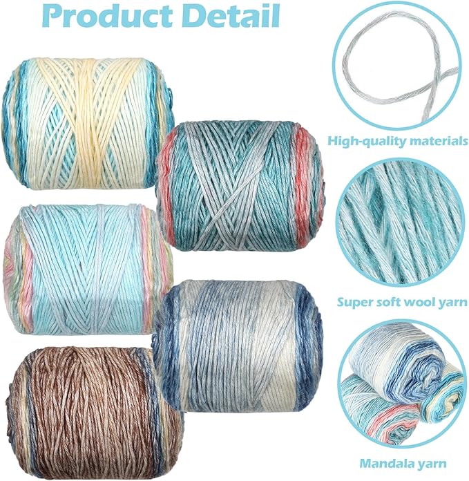 Timgle 5 Rolls Ombre Cake Yarn for Crocheting & Knitting, 3.5oz/100g 328yds Multicolor Self Striping Gradient Yarn, Soft 60% Cotton 30% Acrylic 10% Wool for Scarves Shawls Blankets Garments(Blue)