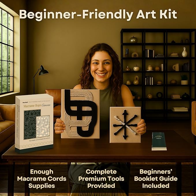 Macrame Kit for Beginners - DIY Rope Canvas Wall Art Kit with Ropes Supplies & Tools | DIY Macrame Art Wall Hanging Decor Starter Set, Craft Kits for Adults, Boho Aesthetic Home Decoration (Black)