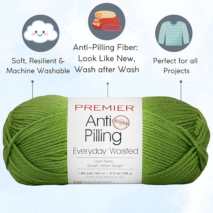 Premier Yarns Everyday Anti-Pilling Solid Green Apple DN100-82 (3-Skeins - Same Dye Lot) #4 Worsted Weight Acrylic Yarn for Crocheting and Knitting with Project Bag