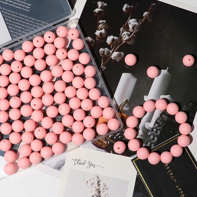 120pcs Richbunnys 15mm Bulk Silicone Beads for Pens and Keychain Making,Large Bead for Necklace and Bracelets Making,Assorted Rubber Beads Set（Light Pink）