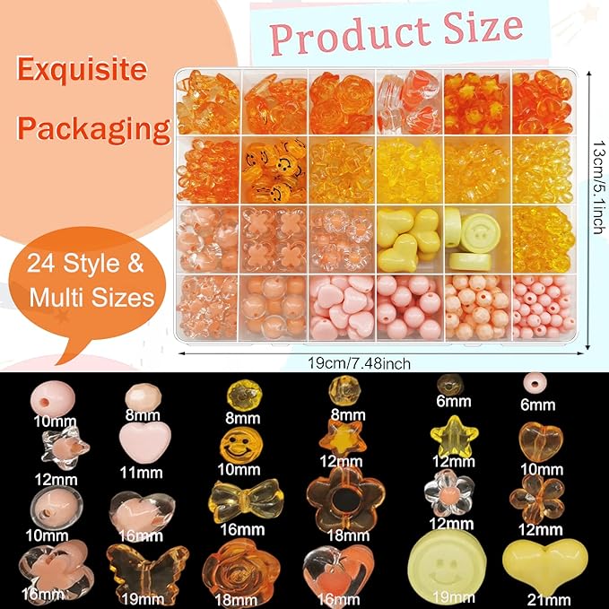 540pcs Acrylic Orange Beads - Assorted Pastel Candy Color Heart Star Butterfly Round Plastic Beads for Bracelets, Necklaces & DIY Crafts