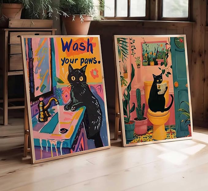 2Pcs Paint by Number Kit 16x20inch Adorable Black Cat Bathroom Scenes Set, DIY Painting for Adults Kids, Ideal Home Decor and Relaxing Art Activity
