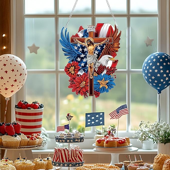 Bowetile Independence Day 5D Diamond Art Hanging Jesus Kits for Adults, 4th of July Diamond Painting USA Window Pendant Kits, Special Shape Gem Art Suncatcher Ornament for Home Wall Decor