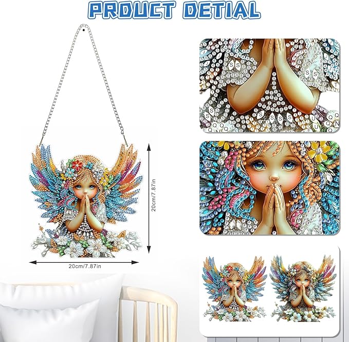 KEYIFA Angel Diamond Painting Kit, DIY Flowers Diamond Art for Adults, Diamonds Pendant Special Shaped Rhinestone Window Hanging Ornaments Home Garden Wall Door Decoration, 20cm Width