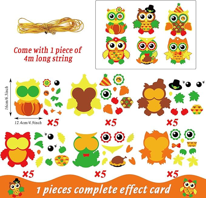 chiazllta 30 Packs Fall Craft Thanksgiving Owl DIY Art Craft with Fall Autumn Leaves Pumpkins Stickers Make Your Own Owl Set for Home Game Activities
