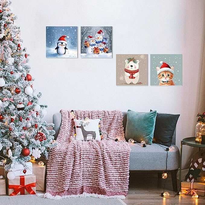 DOMROM 4 Pack Framed Paint by Numbers Snowman for Kids Beginners, Adult Paint by Number Kits Cat on Canvas, Acrylic Number Painting Christmas Craft Kits for Gift Home Decor 8x8in