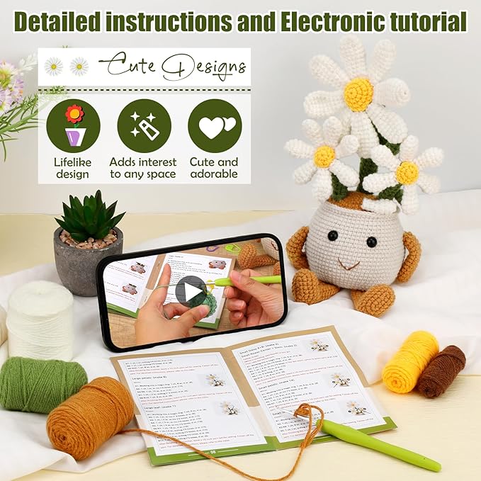 Nitlak Crochet Kit for Beginners, Daisy Potted Beginner Crochet Kit for Adults Women Men, Crochet Starters Kit with Step-by-Step Video Tutorials, Complete Crochet Accessories for DIY Craft