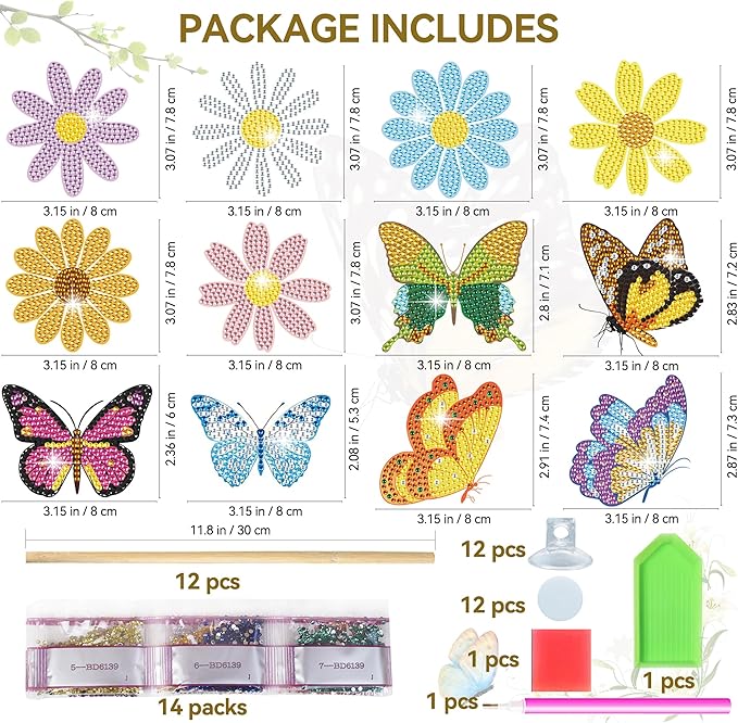 Vcekract Butterfly Diamond Art Kits, 12PCS Diamond Painting Kits for Garden Decor, Butterfly Art Craft Supplies, Diamond Painting Kits for Adults