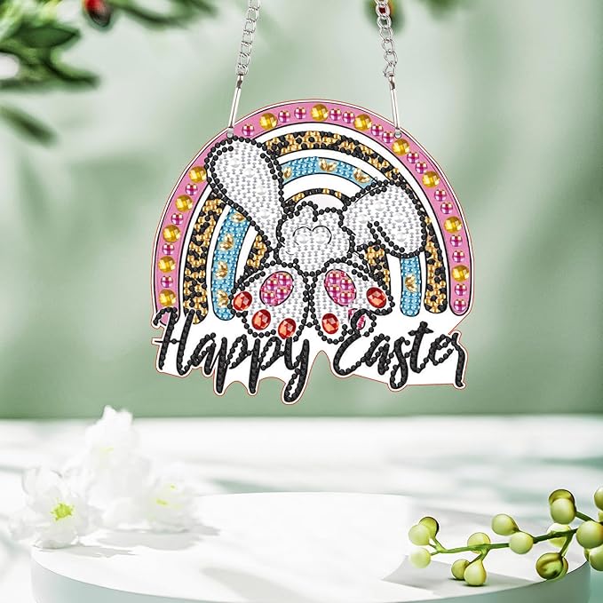AiYuanzsh DIY Happy Easter Bunny Diamond Art Hanging Ornament, Special-Shaped Crystal Diamond Painting Pendant for Home and Office Decoration