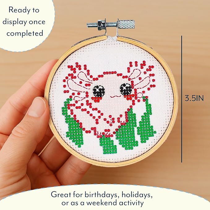 GAMAGO Axolotl Cross Stitch Embroidery Kit – DIY Needlework Craft Set with Hoop, Fabric, Floss & Instructions, Cute Beginner Embroidery Kit for Kids, Teens, & Adults