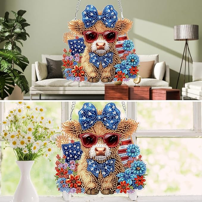 MXJSUA Highland Cow Special Shaped Hanging Diamond Painting Art Kits for Adults, Crystal Rhinestone Acrylic Gem Art Pendant Ornaments Kit for Home Decoration and Gift