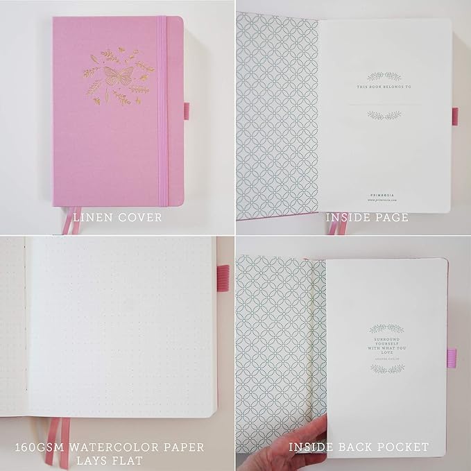 Primrosia A5 Dot Grid Watercolor Journal Notebook – 160 pages I 160gsm Premium Heavy Paper, No Bleed – Luxe Linen Hard Cover with Cute Deer Slip Cover (Pink Butterfly, 1)