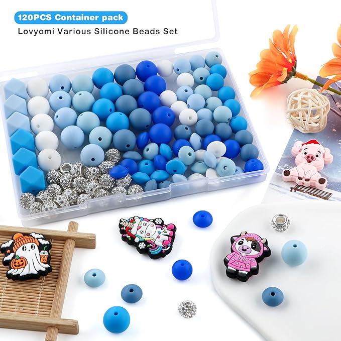 120Pcs Multicolor 12mm 15mm Silicone Beads for Keychain Making, 14mm Hexagon Beads Rhinestone Round Spacer 10mm for DIY Handicrafts(Blue)