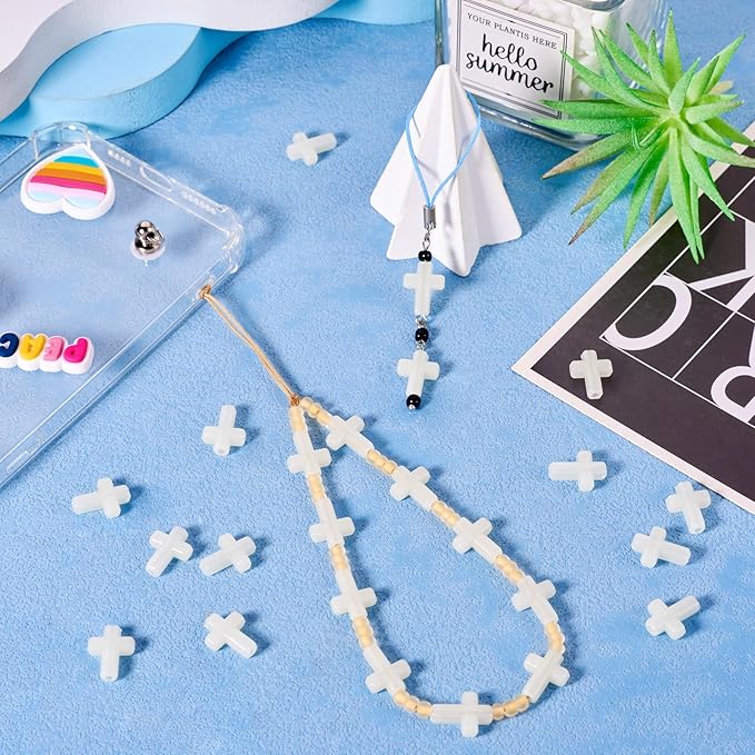 FASHEWELRY 100Pcs Acrylic Cross Beads for DIY Jewelry Making - Glow in The Dark Luminous Crucifix Rosary Spacer Easter Beads for Necklace Bracelet Earring
