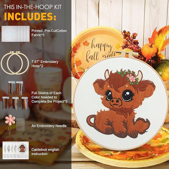 Kuabiz 5 Sets Highland Cow Embroidery Kits for Beginners Cross Stitch Kit for Adults Highland Cow Pattern Embroidery Starter Kit Embroiderys Hoop Needlepoint Kits with Instruction Needles Threads