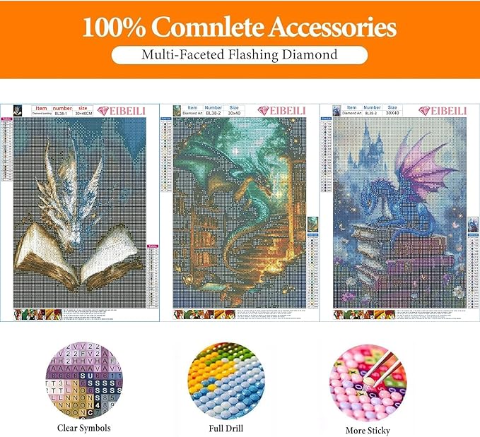 EIBEILI Diamond Painting Kits for Adults - 3 Pack Dragon Artwork DIY 5D Diamond Art Kits Full Drill Diamond Dots Paintings with Diamonds Gem Art and Crafts Home Decor 12x16inch