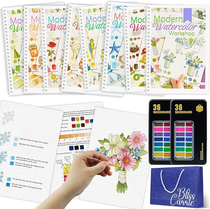8Pcs Watercolor Workbooks with 2Pcs 36 Paint Colors, Water Coloring Book for Adults with 96 Patterns, Beginner-Friendly Step by Step Watercolor Workbooks for Beginners with 2Pcs 36 Paint Colors