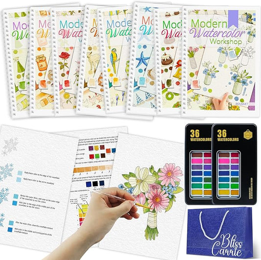 8Pcs Watercolor Workbooks with 2Pcs 36 Paint Colors, Water Coloring Book for Adults with 96 Patterns, Beginner-Friendly Step by Step Watercolor Workbooks for Beginners with 2Pcs 36 Paint Colors