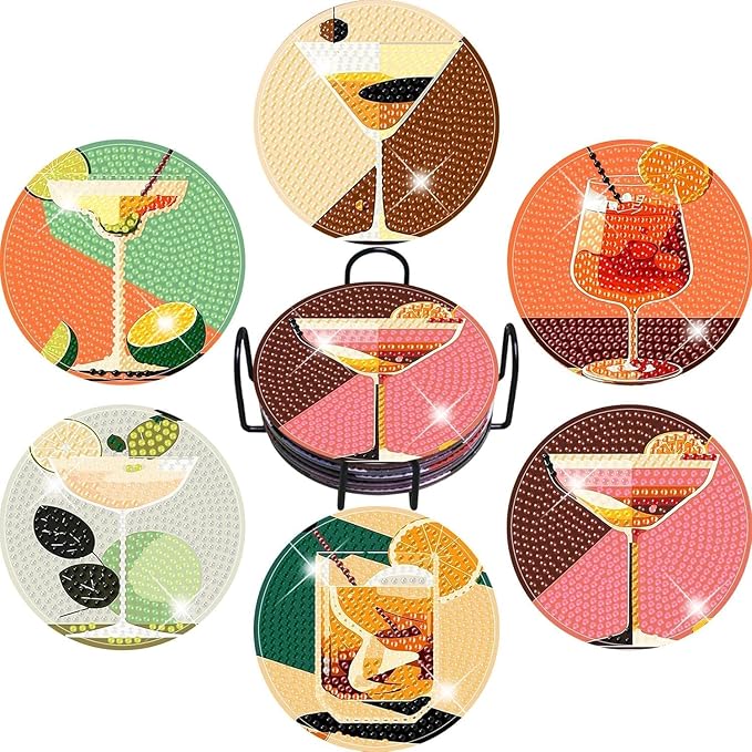 igoodom Diamond Art Coasters Kit, 6 PCS Cocktail Diamond Painting Coasters Kit for Adults with Holder, DIY Mosaic Crafts for Adults 3.9inch
