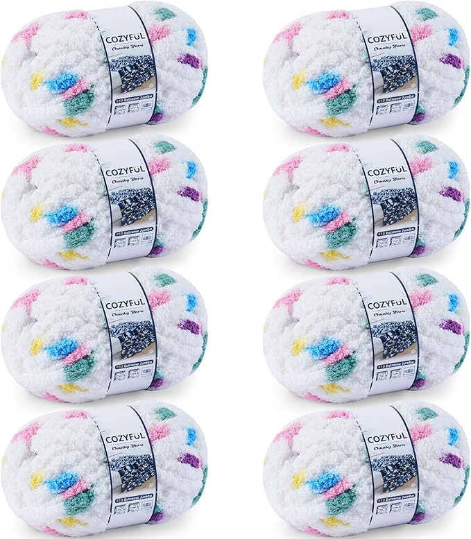 Chunky Yarn for Hand Knitting - #10 Chunky Chenille Blanket Yarn, Jumbo Big Thick Chunky Yarns for Crocheting, Tie Dye Bulky Knit Yarns, 8 Skein (25 yds 8 oz Each Skein), Rainbow & White
