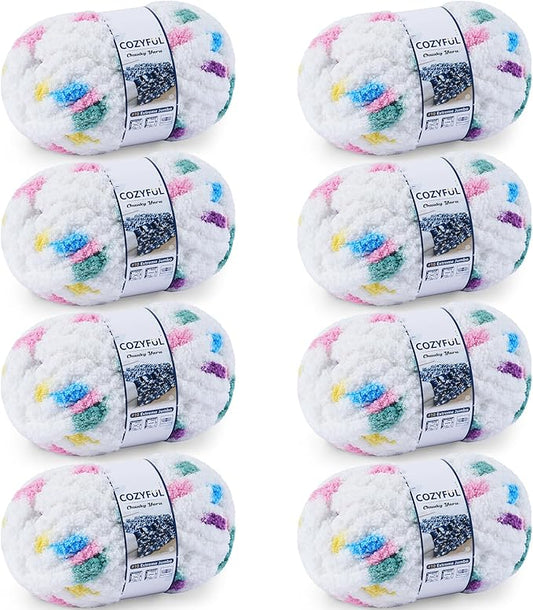 Chunky Yarn for Hand Knitting - #10 Chunky Chenille Blanket Yarn, Jumbo Big Thick Chunky Yarns for Crocheting, Tie Dye Bulky Knit Yarns, 8 Skein (25 yds 8 oz Each Skein), Rainbow & White