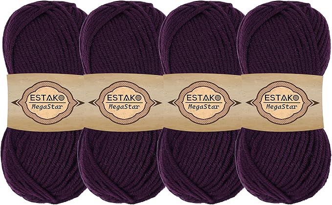 Estako Megastar, (4 Skeins Pack) 75% Acrylic 25% Wool Yarn, Soft, Chunky Bulky Weight #5 for Crochet and Knitting (4 x 3.52 Oz) / (4 x 120 Yrds) (66001 - Dark Purple)