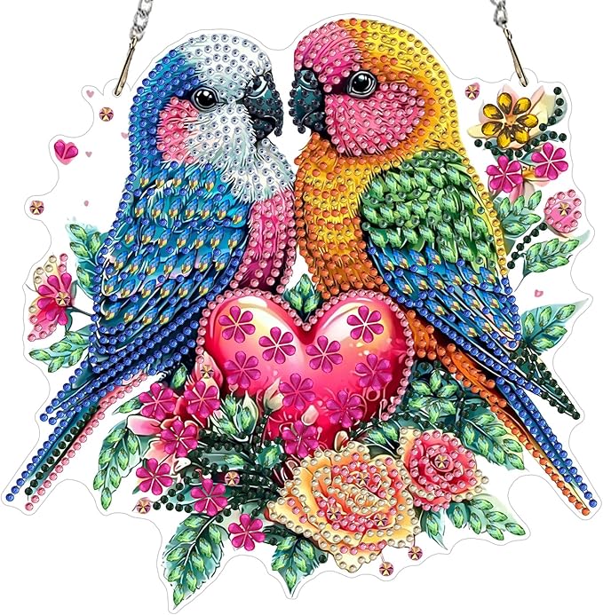 RICUVED Birds Diamond Art Hanging Kit for Adult, Special Shaped Diamond Painting Pendant Board Kit, Valentine's Day 5D Art Suncatchers Hanging Acrylic Window Ornament for Home Garden Decor