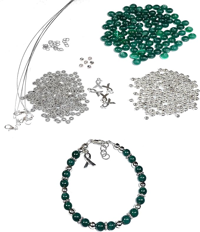 Hidden Hollow Beads DIY Craft Beading Kit, Everything to Make Cancer Awareness Bracelets, Uses Wire, Crimps and Clasps, Fundraising and Gifts (Renal/Kidney -Forest Green - Makes 5)