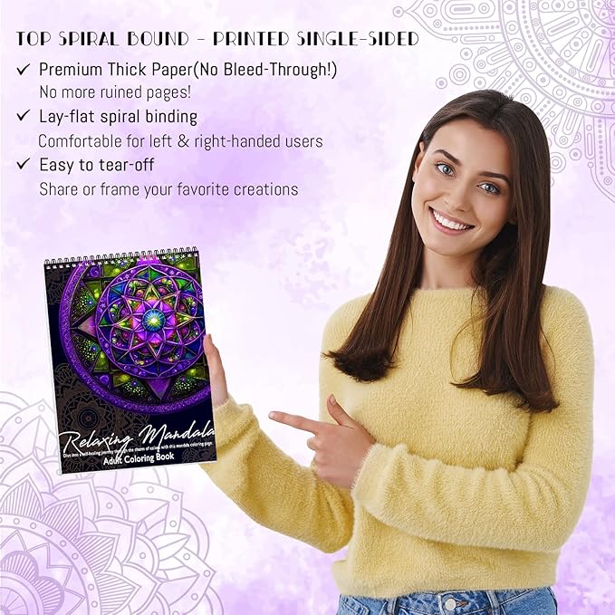 Coloring Book for Adults Relaxation, Mandala Adults Coloring Book for Women Spiral Bound Single-Sided Print Mindfulness Relaxing Gifts for Women to Stress Relief & Relieve Anxiety