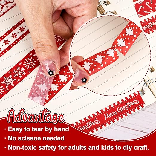 Whaline 12 Rolls Christmas Washi Tapes Red White Decorative Tape Assorted Xmas Patterns Holiday Masking Tapes for Christmas Scrapbook Journal Calendar DIY Craft Gift Wrapping, 16.4ft x 0.6
