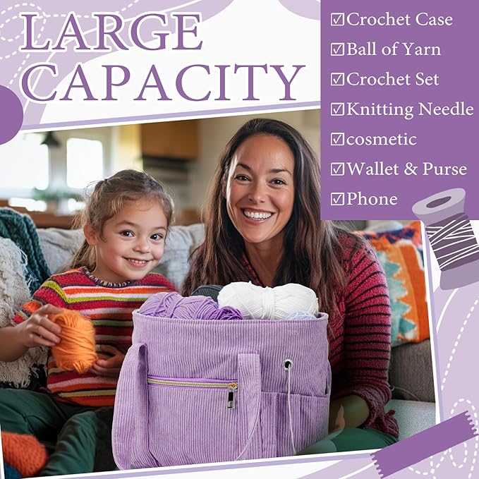 Bulyoou 2 Pcs Crochet Bag and Tote Set Corduroy Yarn Bag Crochet Tote Bag for Crochet Hooks Organizer Yarn Holder for Crochet Lovers Knitting Bag Crochet Accessories(Purple)