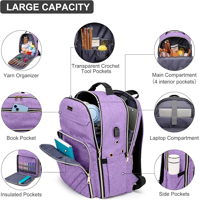 Liokesa Knitting Bag Backpack, Crochet Bag Tote, Large Yarn Storage Tote Bag with USB Charging Port, Yarn Holder Case for Carrying Projects, Knitting Needles, Yarn Supplies, Purple