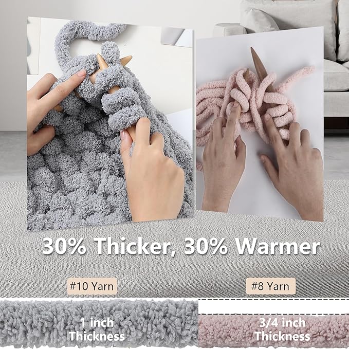Chunky Yarn for Hand Knitting - #10 Chunky Chenille Yarn, Jumbo Big Thick Chunky Yarns for Crocheting, Super Bulky Chunky Knit Blanket Yarns, 8 Skein (25 yds 8 oz Each Skein), Light Grey
