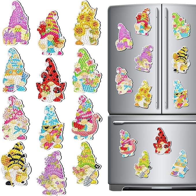 Frienda 12 Pcs Diamond Art Magnets Pastel Refrigerator Diamond Painting Magnets Gnome Spring Summer Easy Kits Interchangeable for Adults Beginners DIY Home Decors Gifts Craft